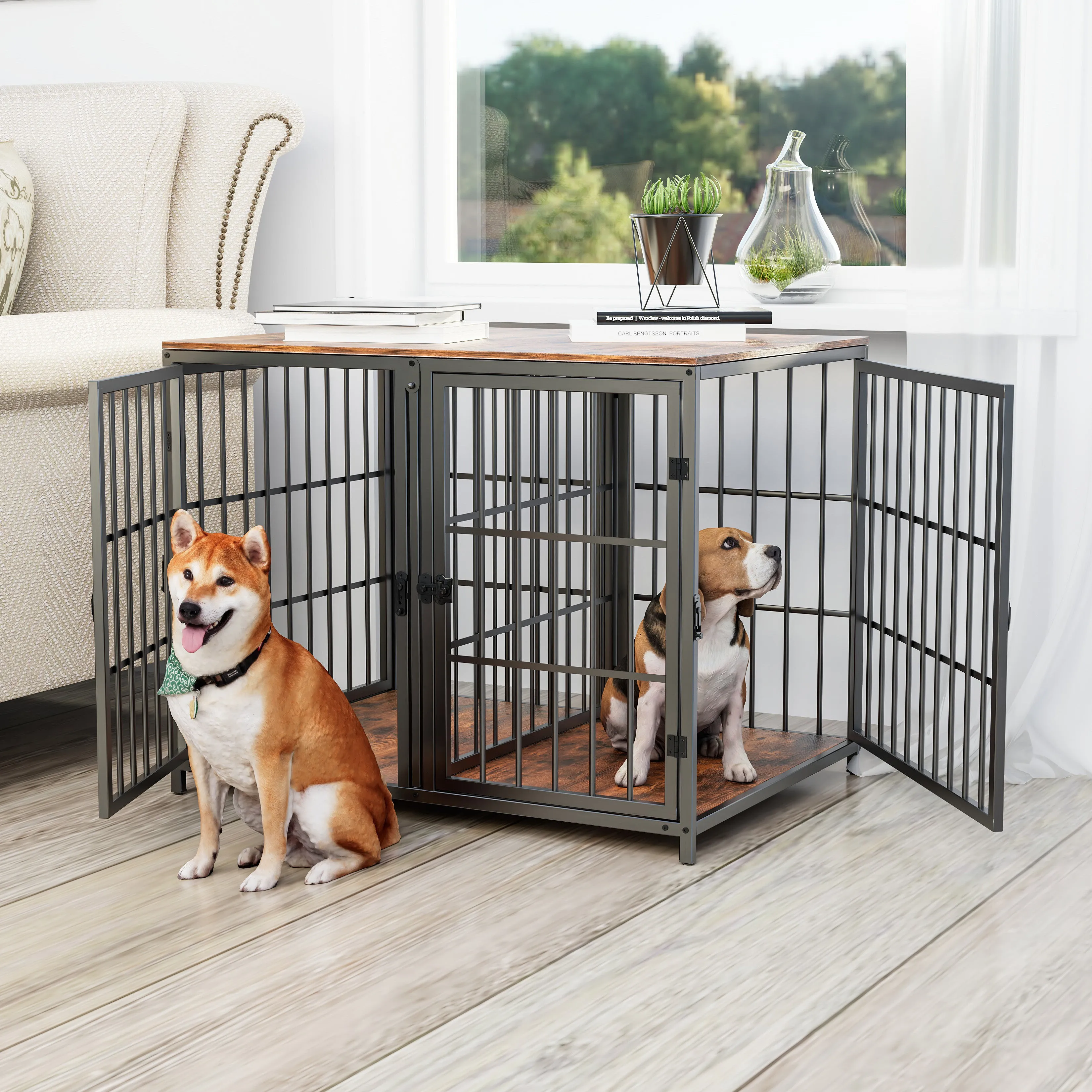 2024 Heavy Wooden Dog Crate Furniture End Table Pet Kennel Puppy Cage w Four Doors