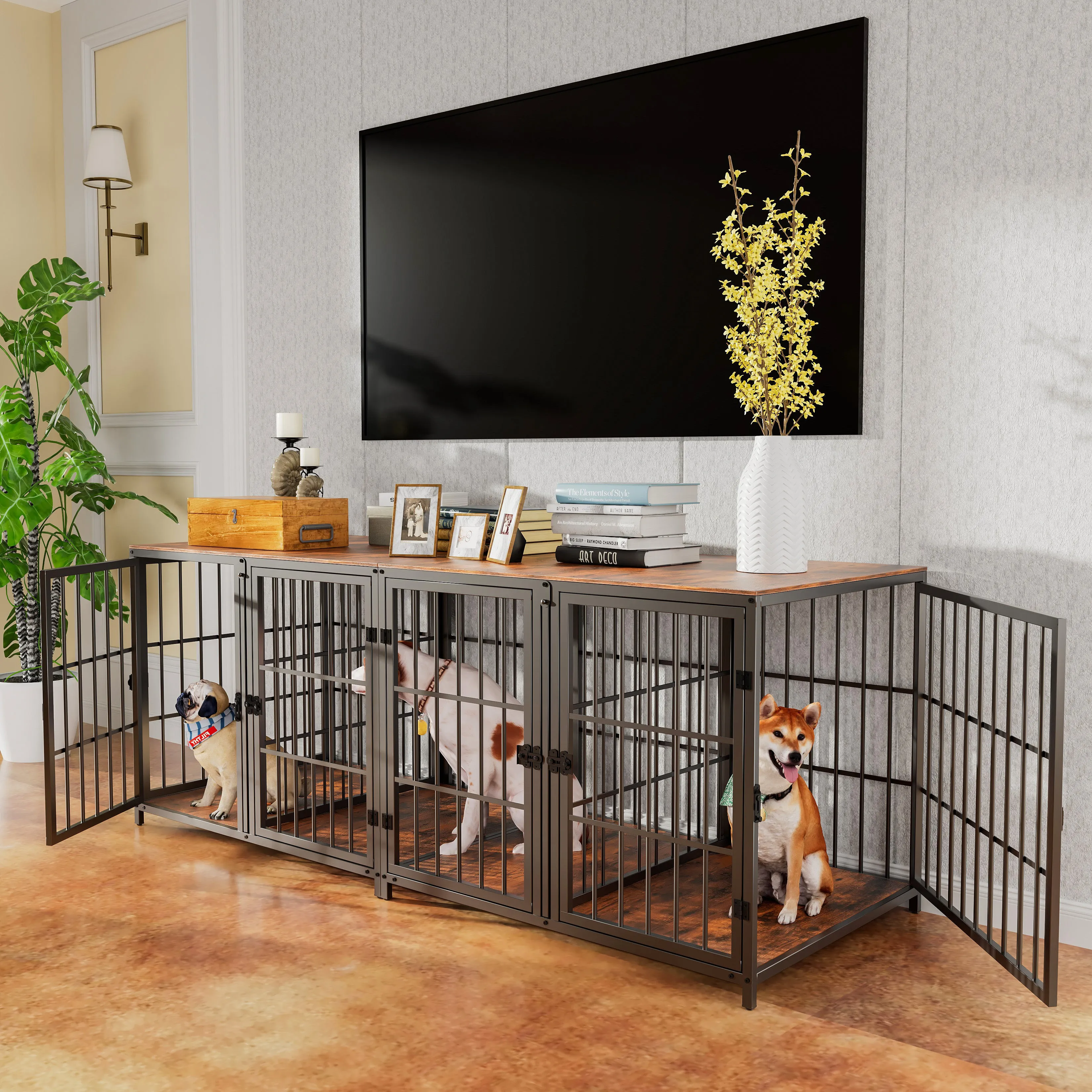 2024 Heavy Wooden Dog Crate Furniture End Table Pet Kennel Puppy Cage w Four Doors