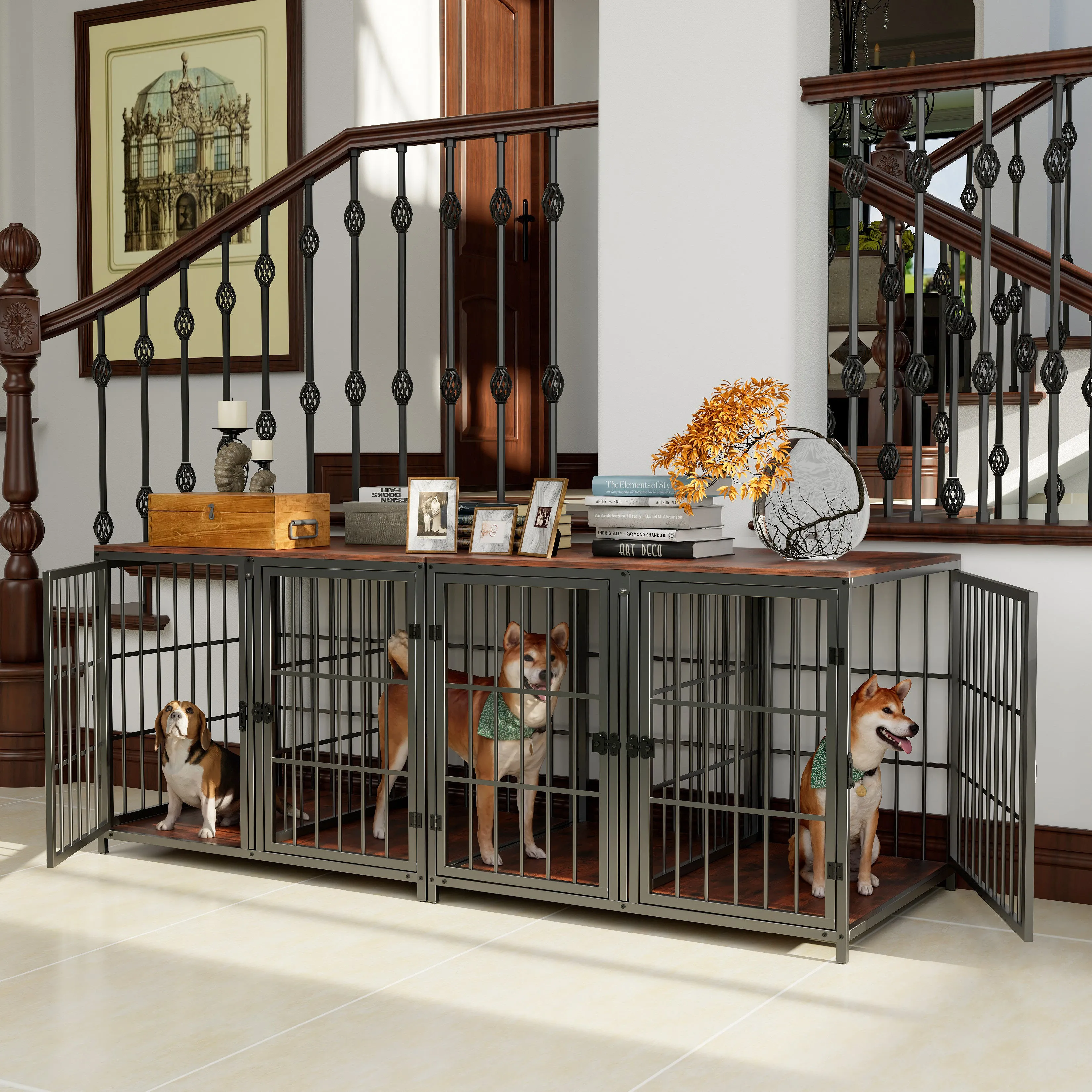 2024 Heavy Wooden Dog Crate Furniture End Table Pet Kennel Puppy Cage w Four Doors