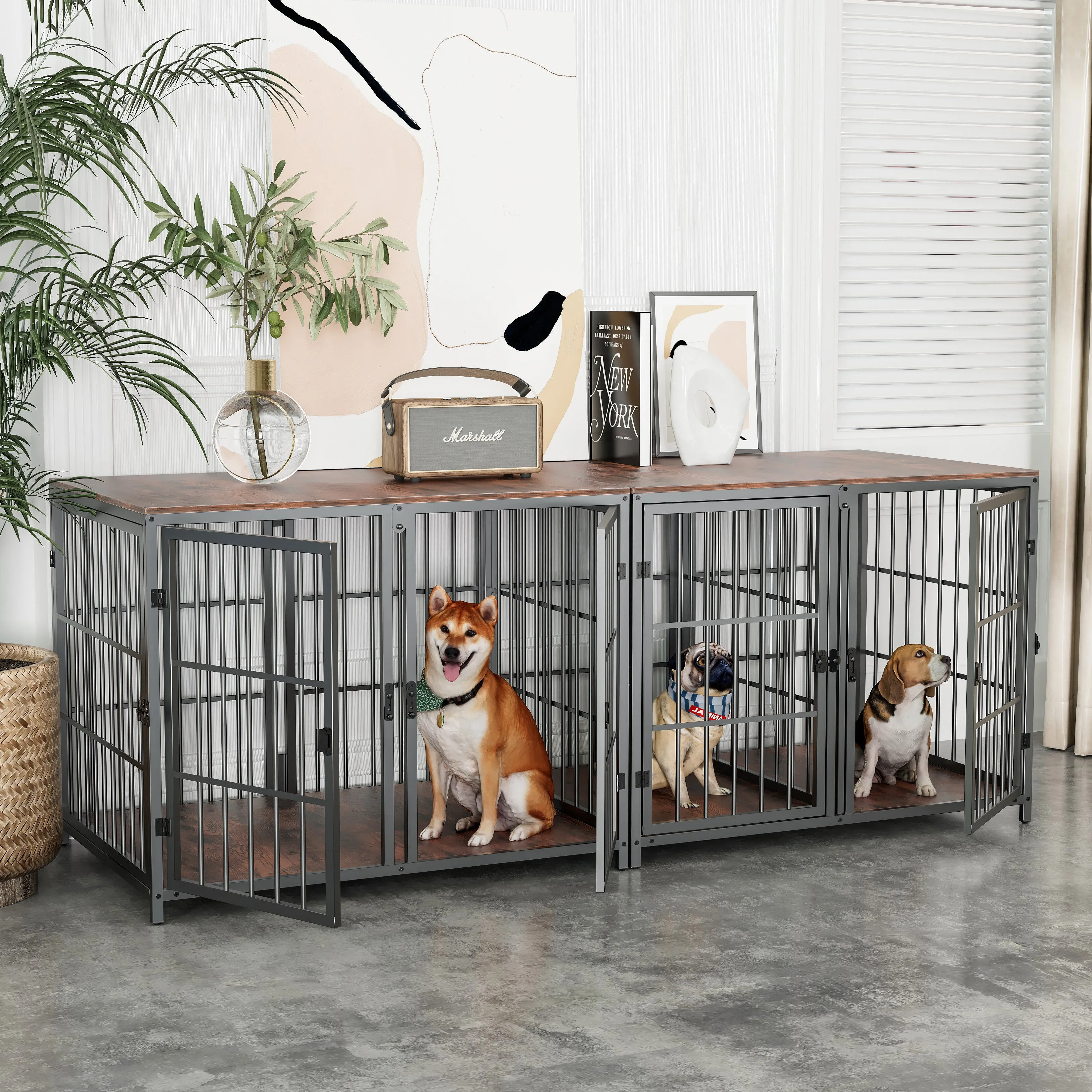 2024 Heavy Wooden Dog Crate Furniture End Table Pet Kennel Puppy Cage w Four Doors