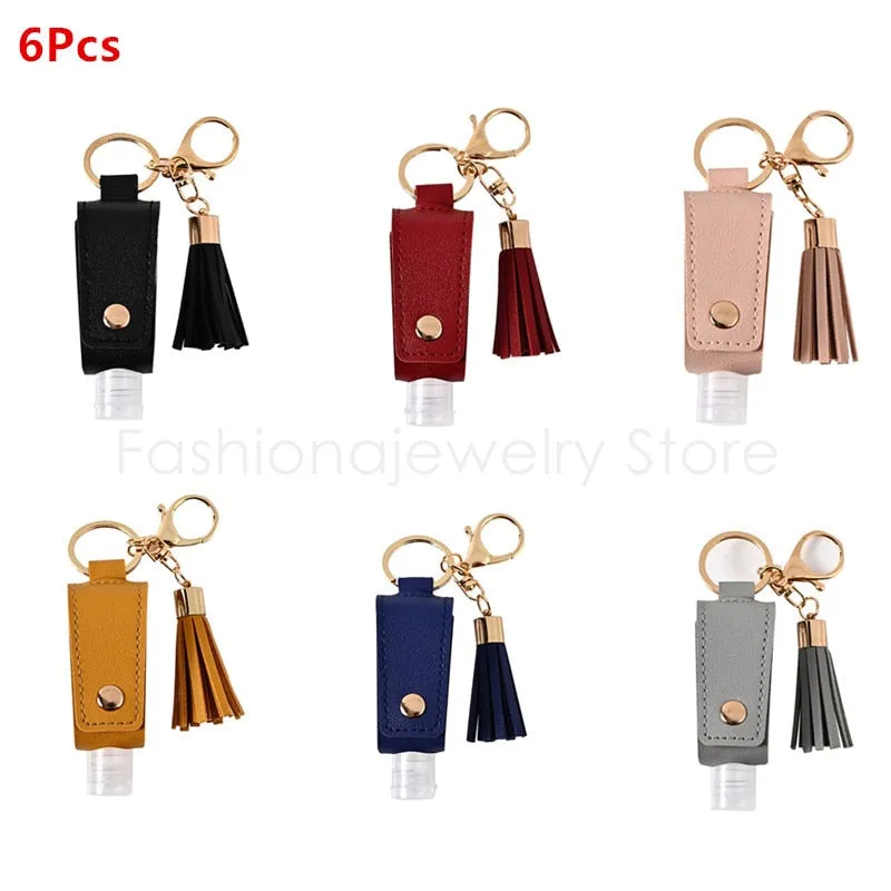 6Pcs 30ml Portable Empty Leakproof Plastic Travel Bottle for Hand Sanitizer with Tassels Leather Keychain Holder Carriers