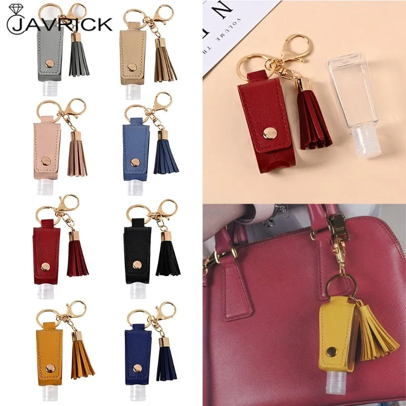 6Pcs 30ml Portable Empty Leakproof Plastic Travel Bottle for Hand Sanitizer with Tassels Leather Keychain Holder Carriers