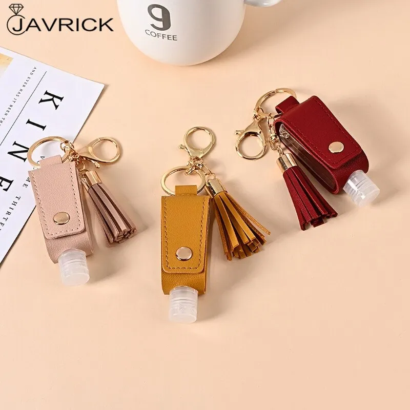 6Pcs 30ml Portable Empty Leakproof Plastic Travel Bottle for Hand Sanitizer with Tassels Leather Keychain Holder Carriers