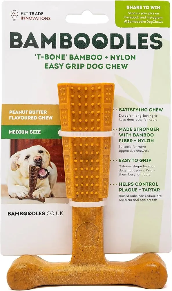 Bamboodles | T-Bone Dog Durable Chew | Peanut Butter Flavour - Medium 6"