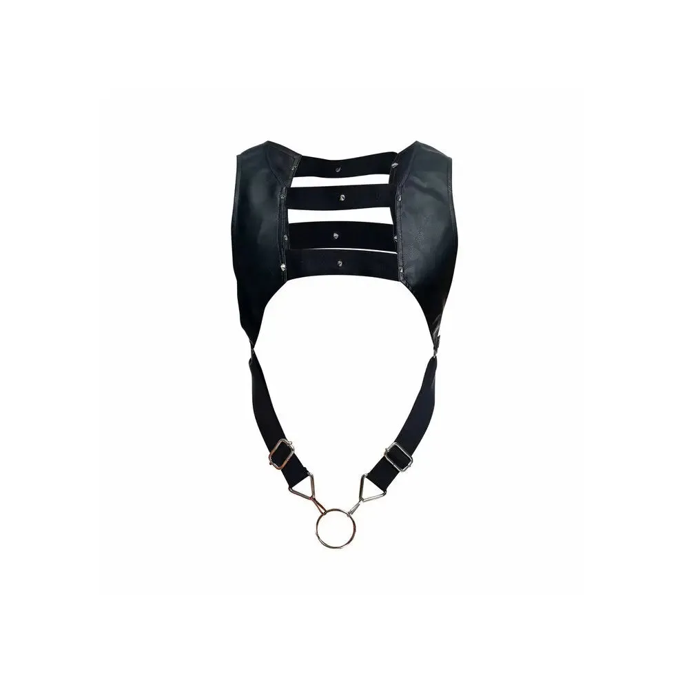 Black Bondage Leather Crop Top Harness with Cock Ring for Him