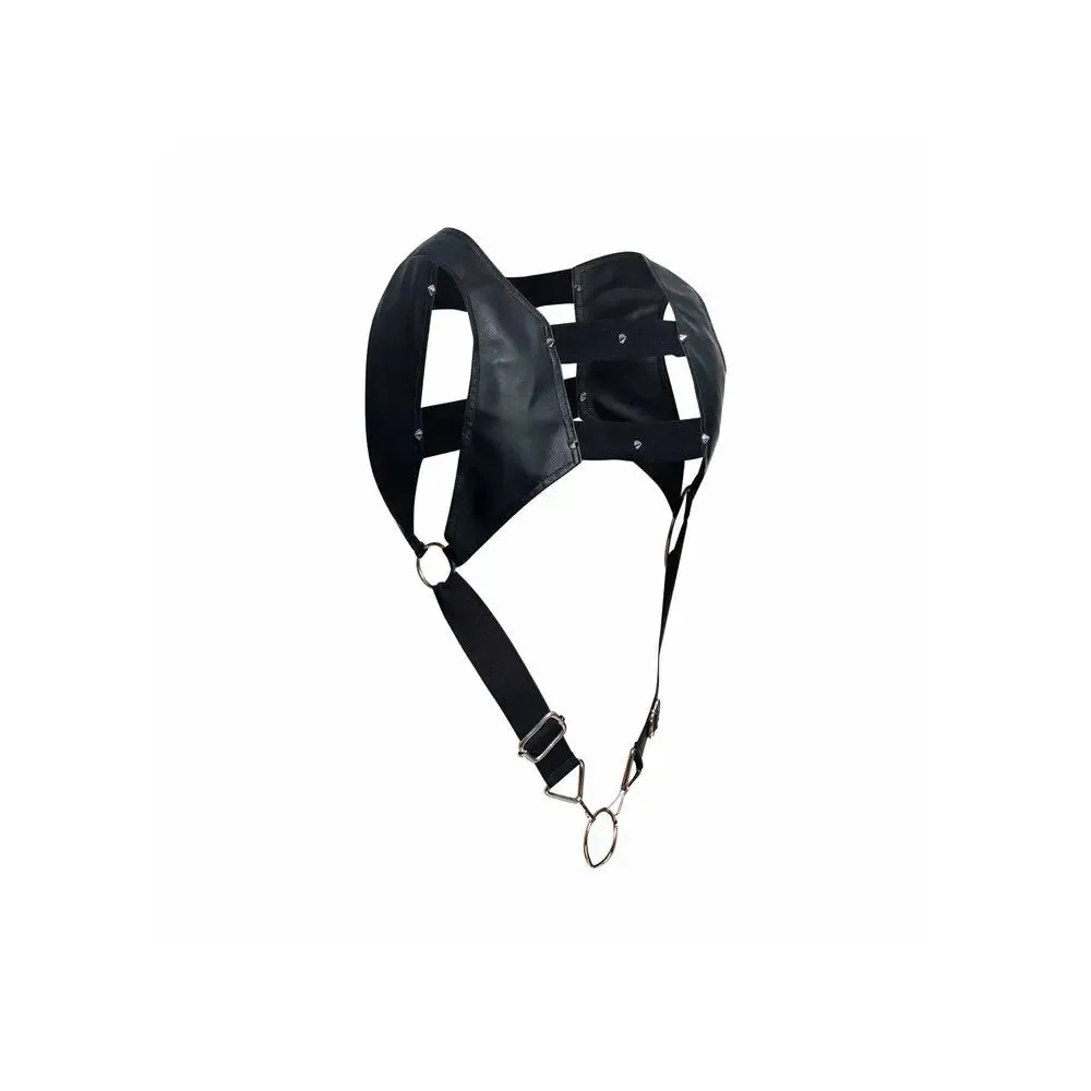 Black Bondage Leather Crop Top Harness with Cock Ring for Him