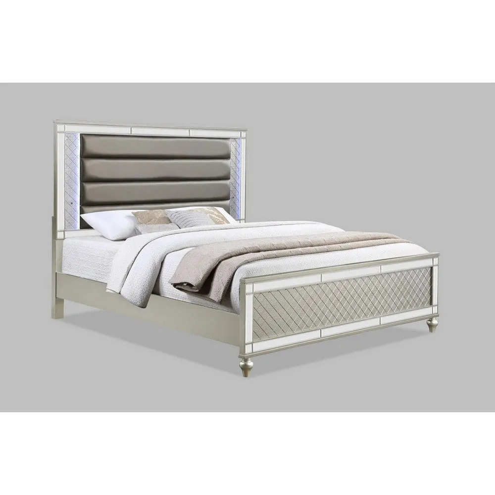 Cristo Queen Size Bed, Gray Fabric Upholstery, Champagne Wood, Mirror Trim By Casagear Home