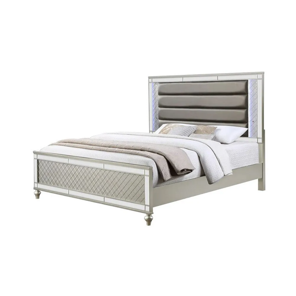 Cristo Queen Size Bed, Gray Fabric Upholstery, Champagne Wood, Mirror Trim By Casagear Home