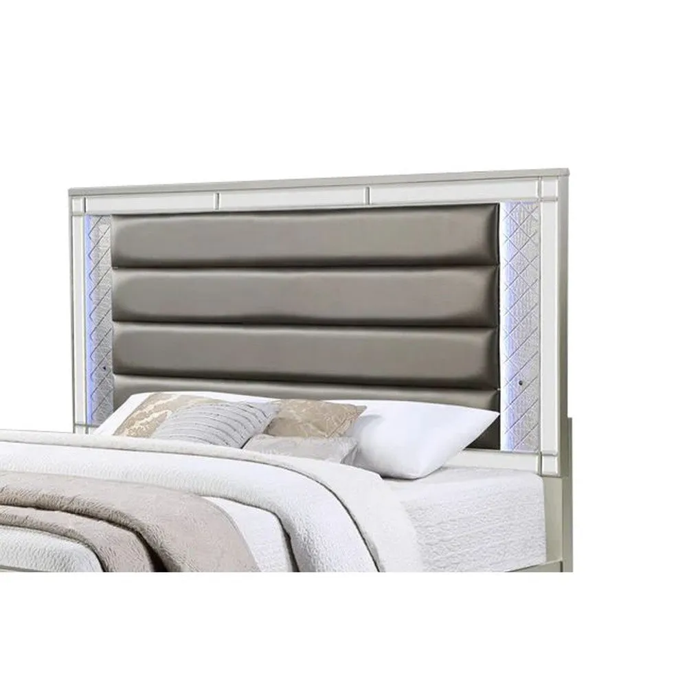 Cristo Queen Size Bed, Gray Fabric Upholstery, Champagne Wood, Mirror Trim By Casagear Home