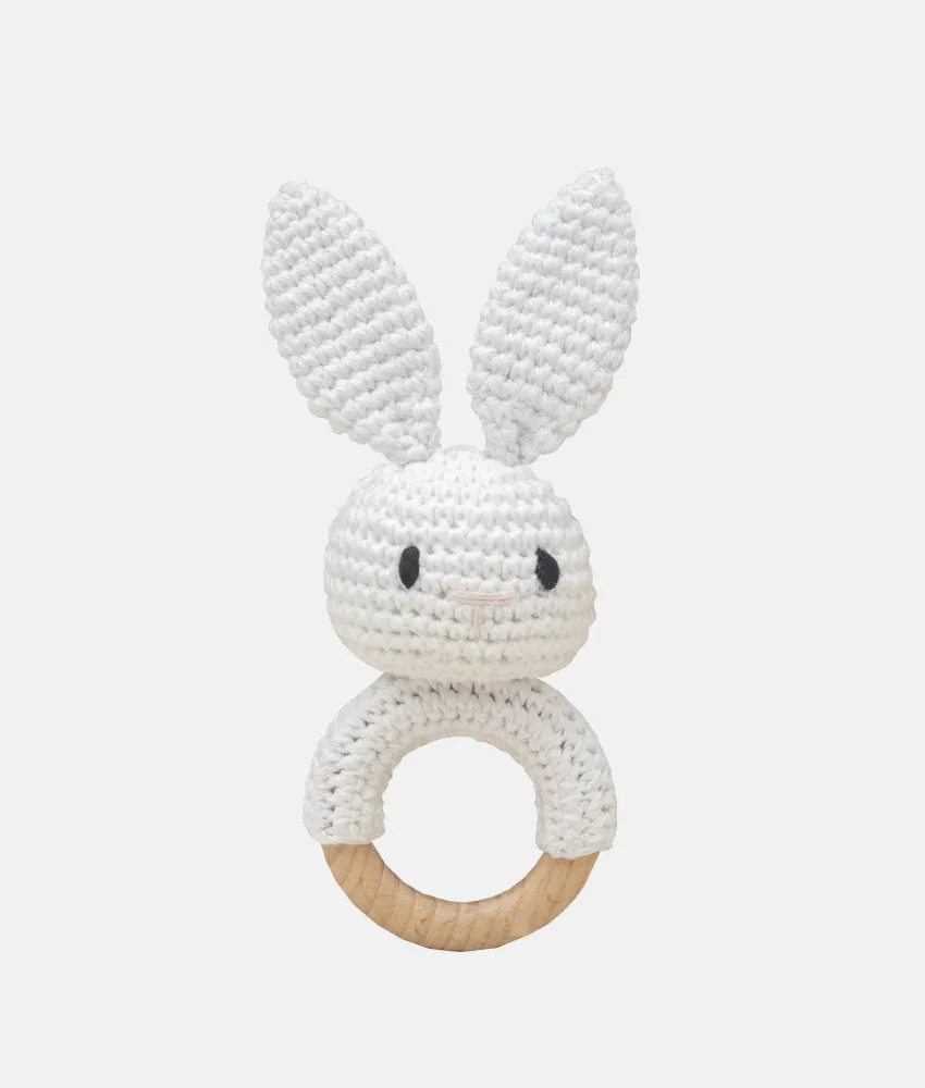 Crochet Bunny Wooden Baby Rattle - White