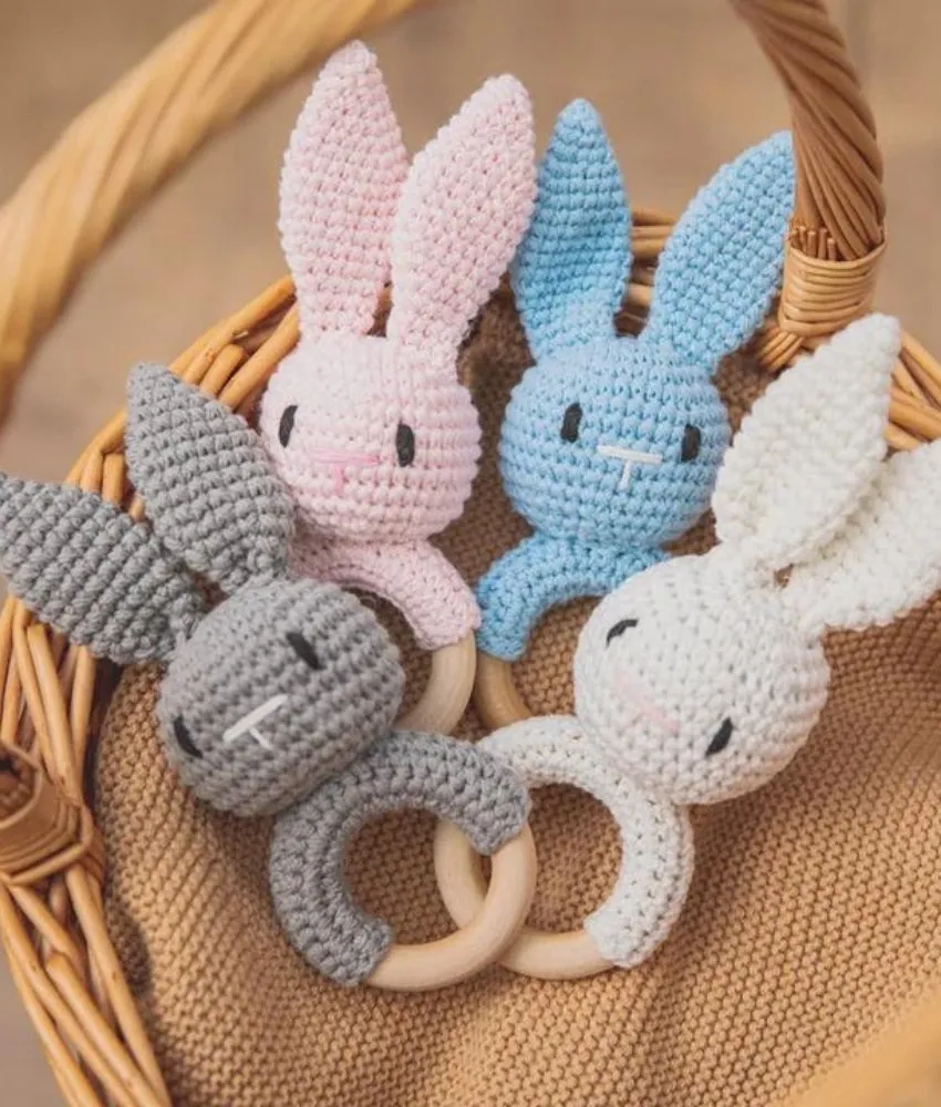 Crochet Bunny Wooden Baby Rattle - White