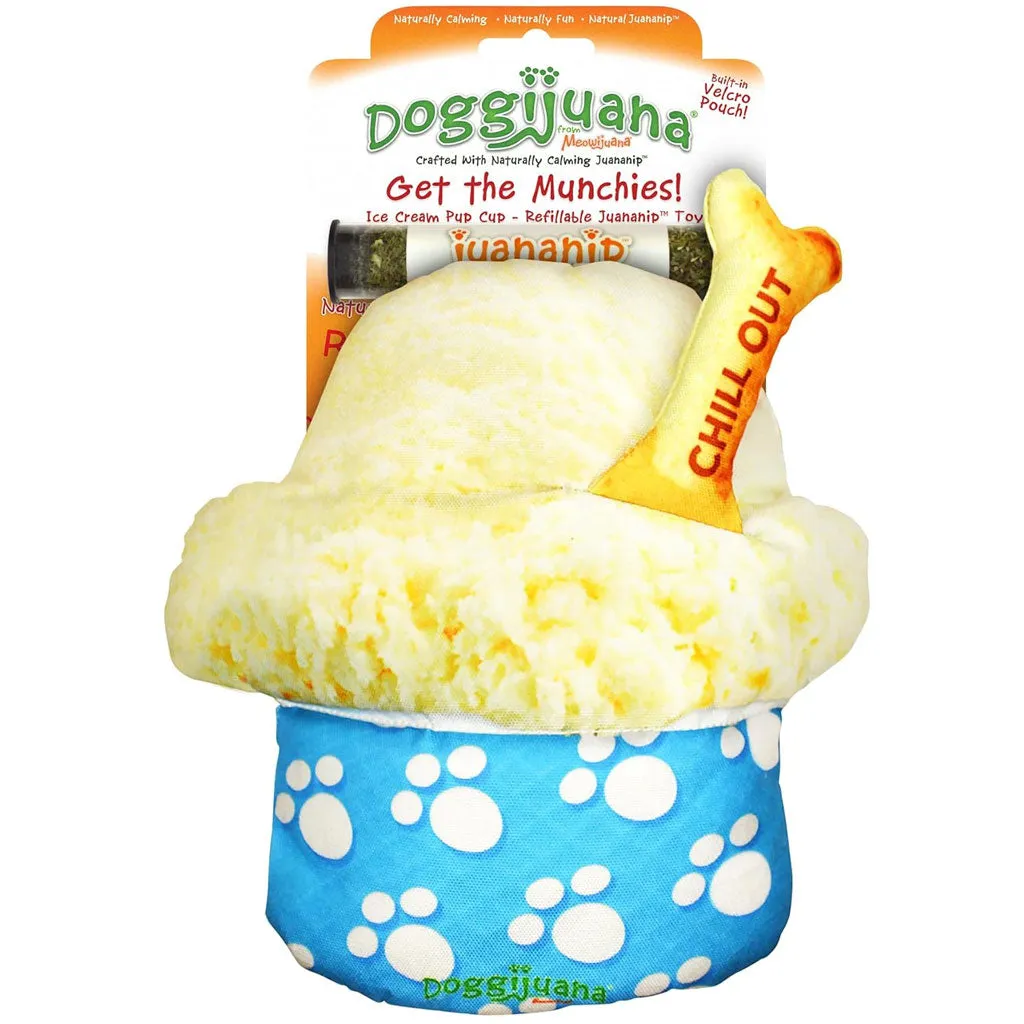 Doggijuana Get the Munchies Refillable Juananip Ice Cream Pup Cup Squeaky Plush Dog Toy