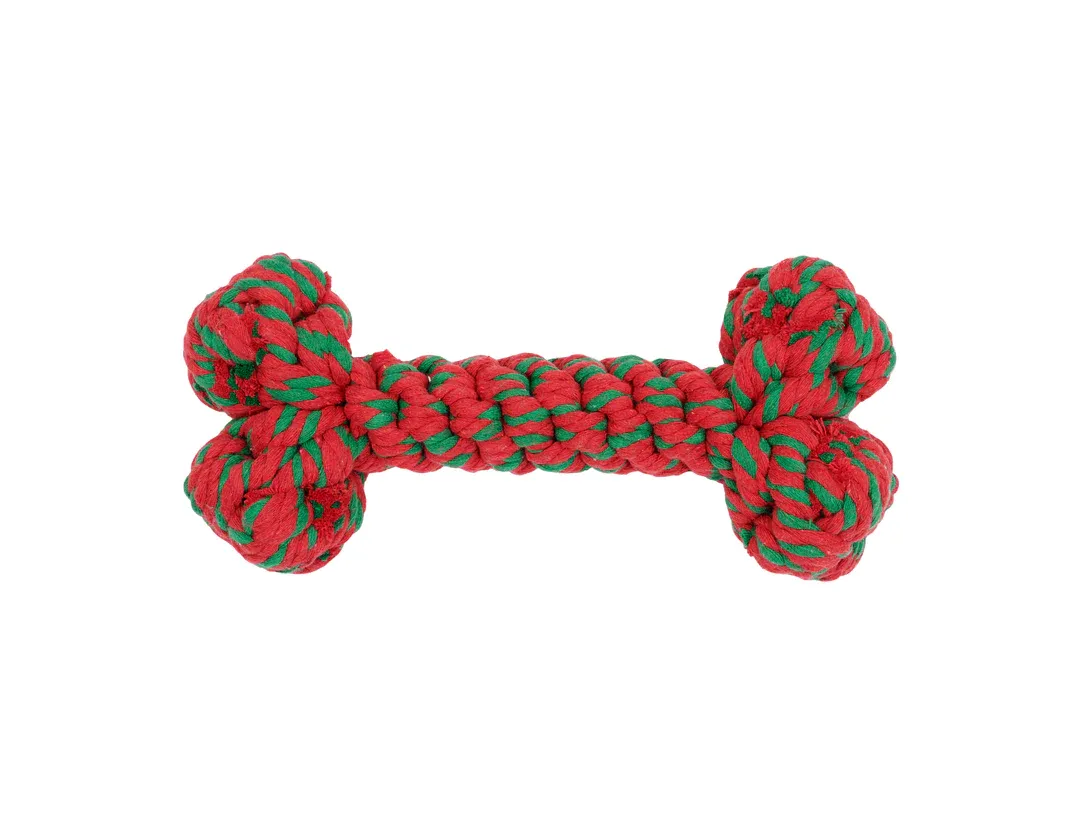 Jax & Bones Holiday Red & Green Bone Rope Toy 11"