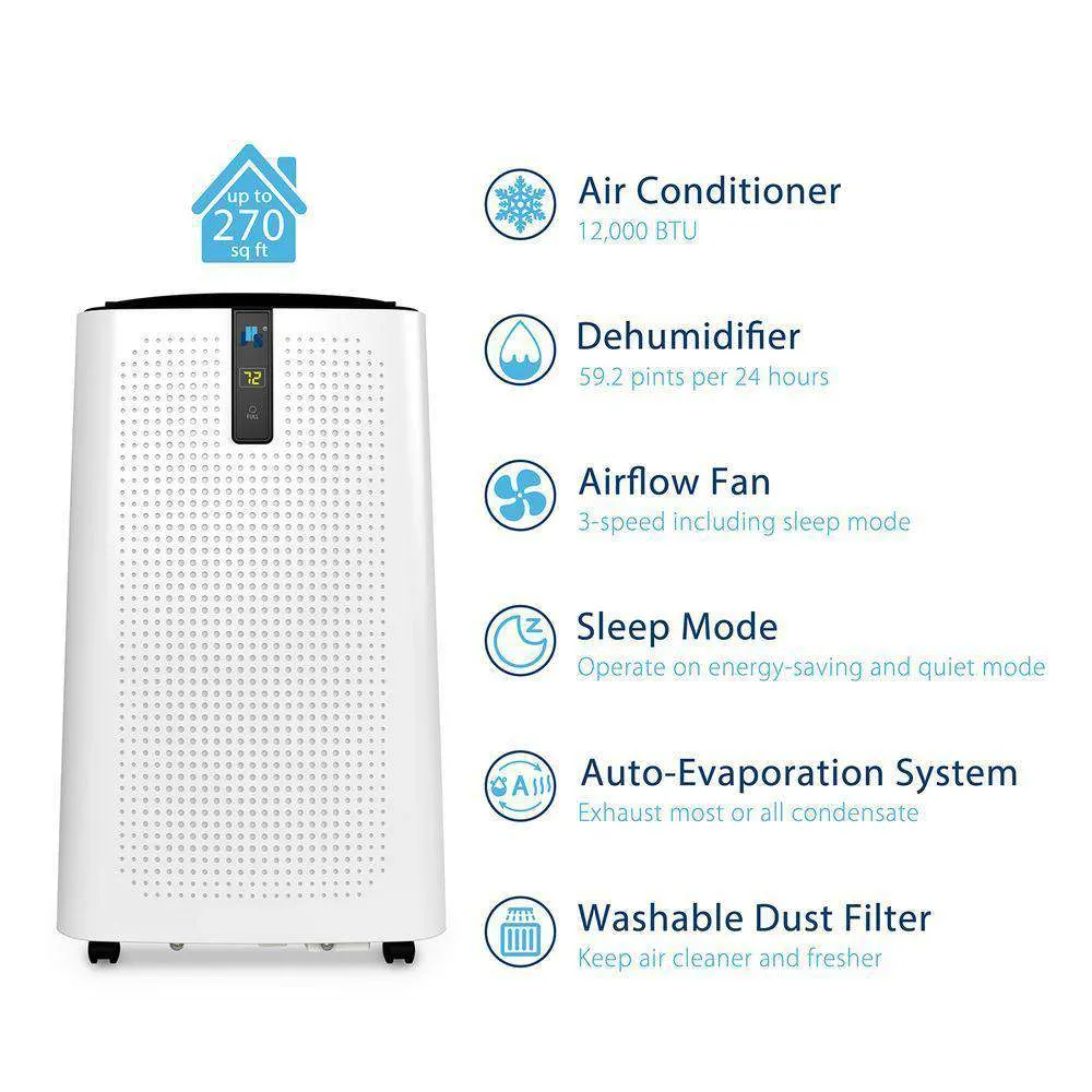 JHS A018-12KR/C 12,000 BTU Portable Air Conditioner with Dehumidifier and Remote White New