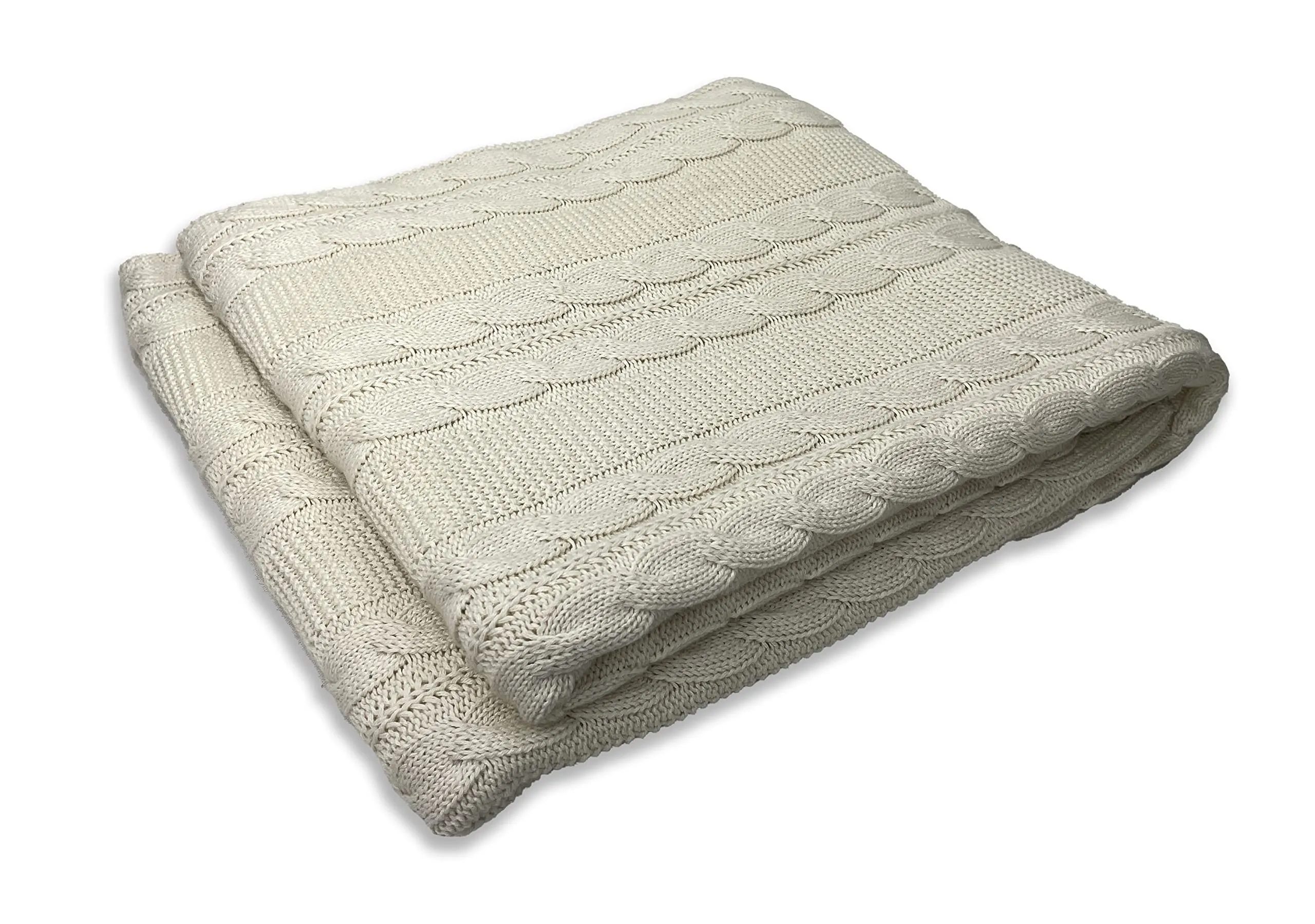 Ketan TEX FAB | Soft 100% Pure Cotton Knitted Throw Blanket for Sofa/Bed/Couch | Cable Design | Ivory, 50x60 inches