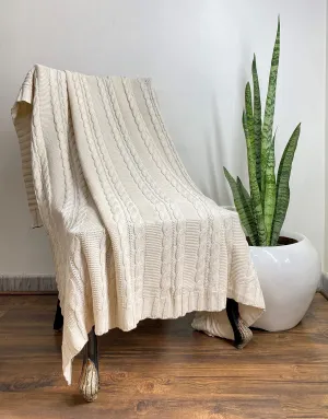 Ketan TEX FAB | Soft 100% Pure Cotton Knitted Throw Blanket for Sofa/Bed/Couch | Cable Design | Ivory, 50x60 inches