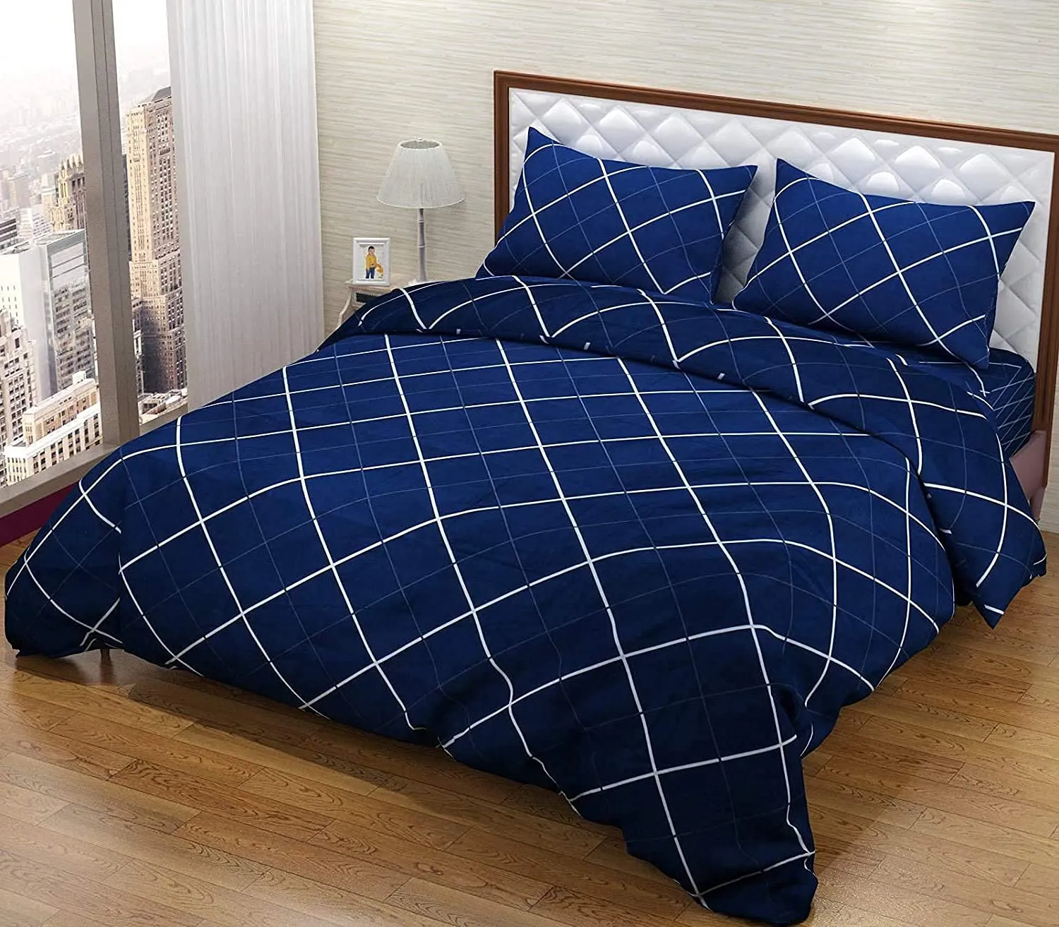 Kuber Industries Geomatric Printed Luxurious Soft Breathable & Comfortable Cotton Double Bedsheet with 2 Pillow Covers (Blue)-HS43KUBMART26819,Standard