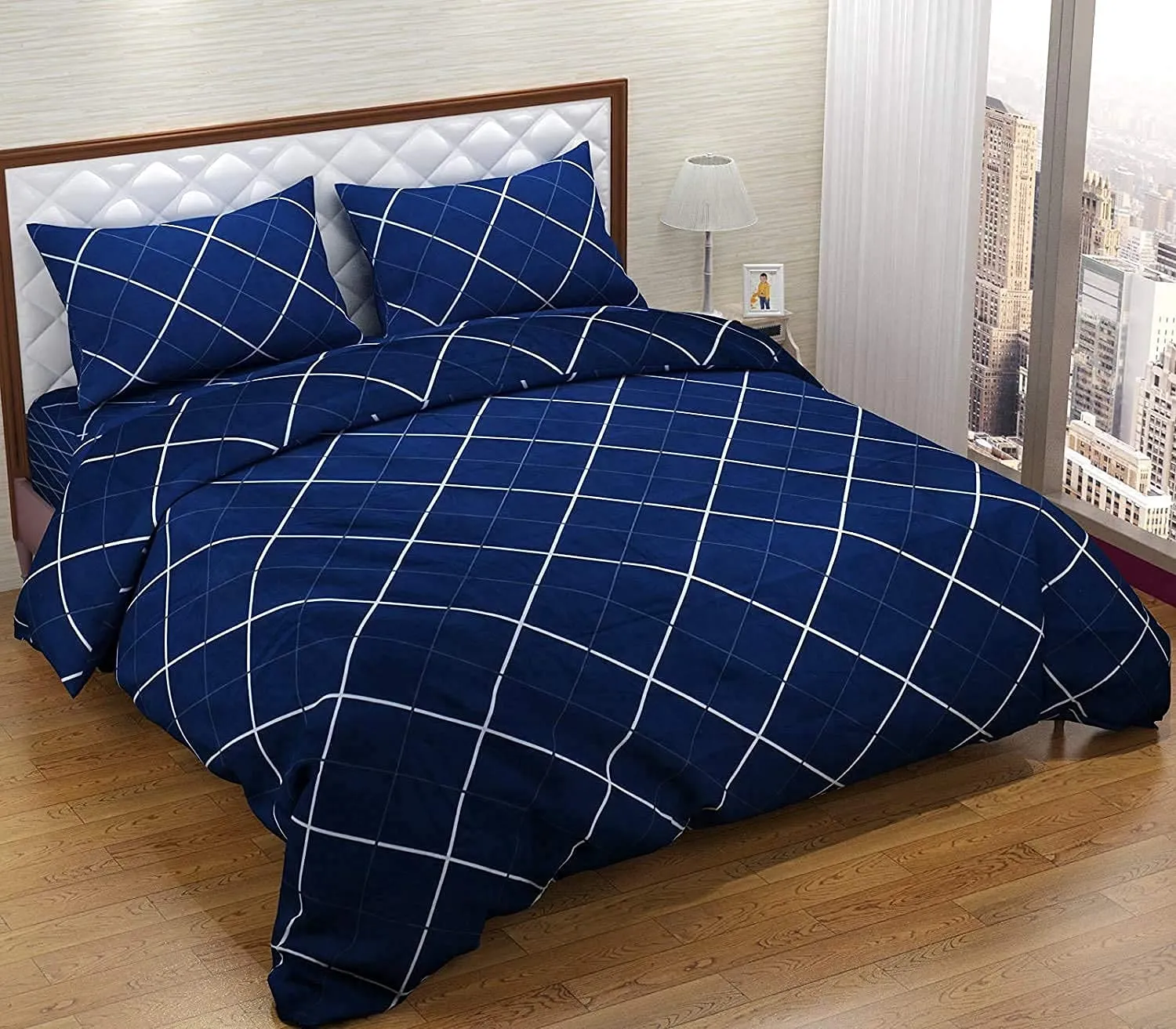 Kuber Industries Geomatric Printed Luxurious Soft Breathable & Comfortable Cotton Double Bedsheet with 2 Pillow Covers (Blue)-HS43KUBMART26819,Standard