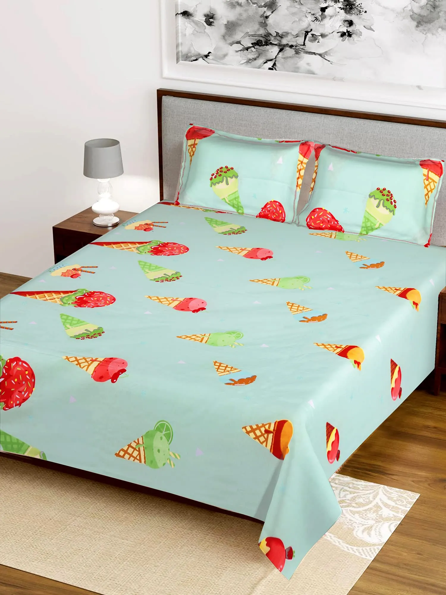 Kuber Industries Ice Cream Printed Glace Cotton Double Bedsheet with 2 Pillow Covers (Light Cream)-HS43KUBMART26792