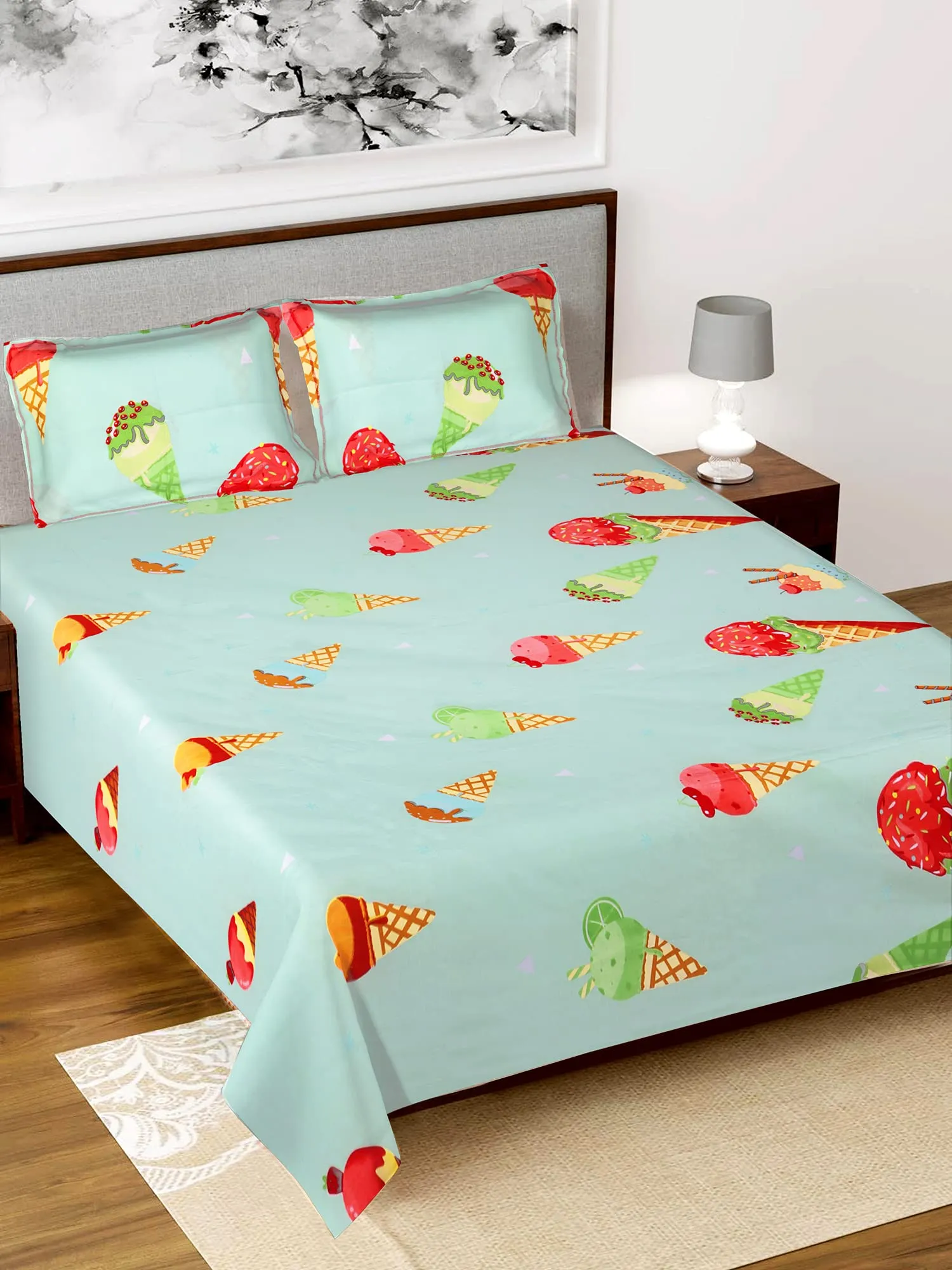 Kuber Industries Ice Cream Printed Glace Cotton Double Bedsheet with 2 Pillow Covers (Light Cream)-HS43KUBMART26792