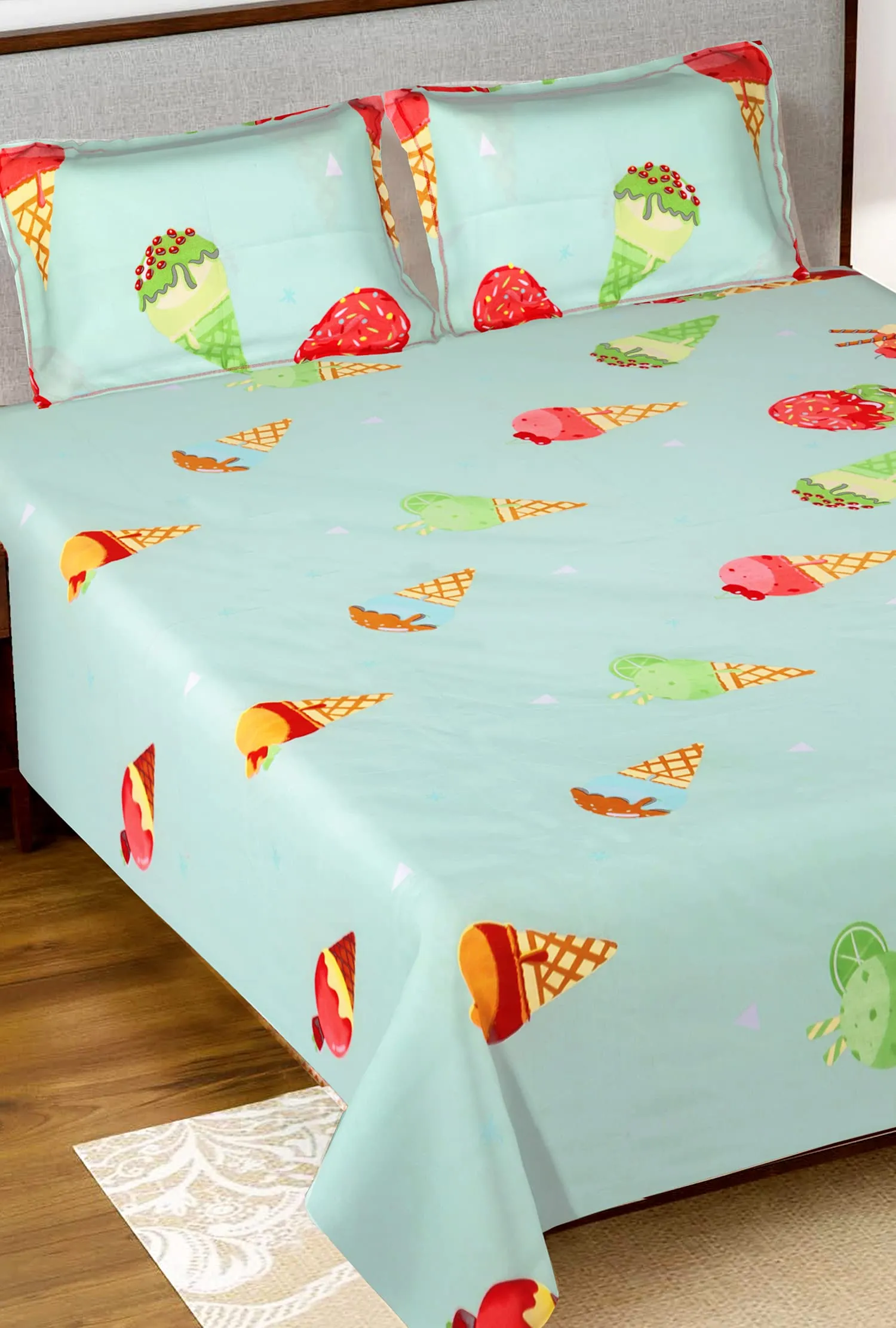 Kuber Industries Ice Cream Printed Glace Cotton Double Bedsheet with 2 Pillow Covers (Light Cream)-HS43KUBMART26792