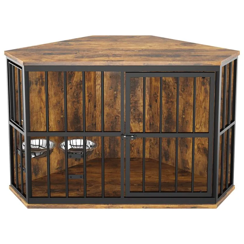 ROOMTEC 42 inch Furniture Dog Crate Corner, Dog Kennel Corner Wooden End Table with Bowl, Indoor Pet Crates Corner Side Table for Dogs, Wide Top Perfect for Limited Room