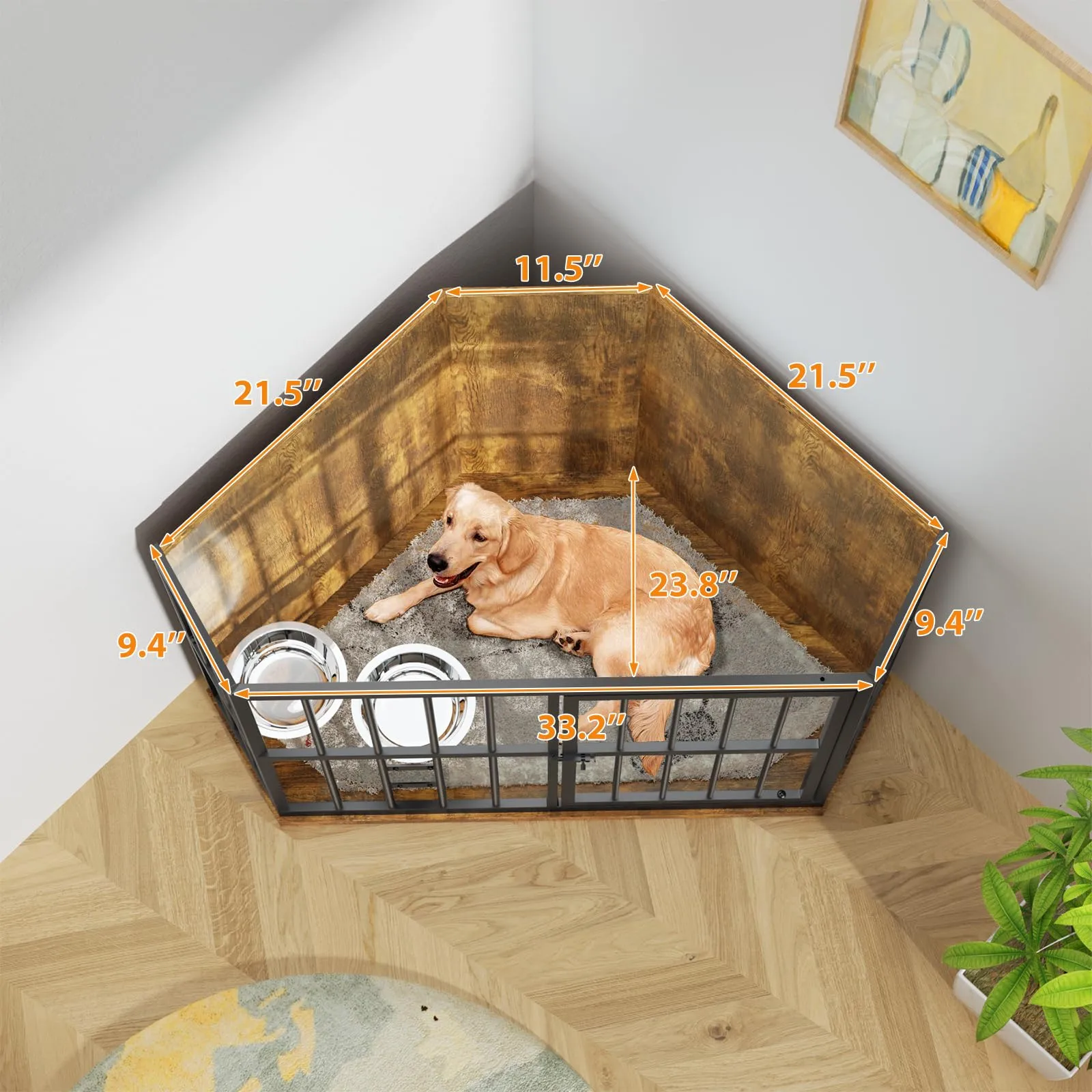 ROOMTEC 42 inch Furniture Dog Crate Corner, Dog Kennel Corner Wooden End Table with Bowl, Indoor Pet Crates Corner Side Table for Dogs, Wide Top Perfect for Limited Room