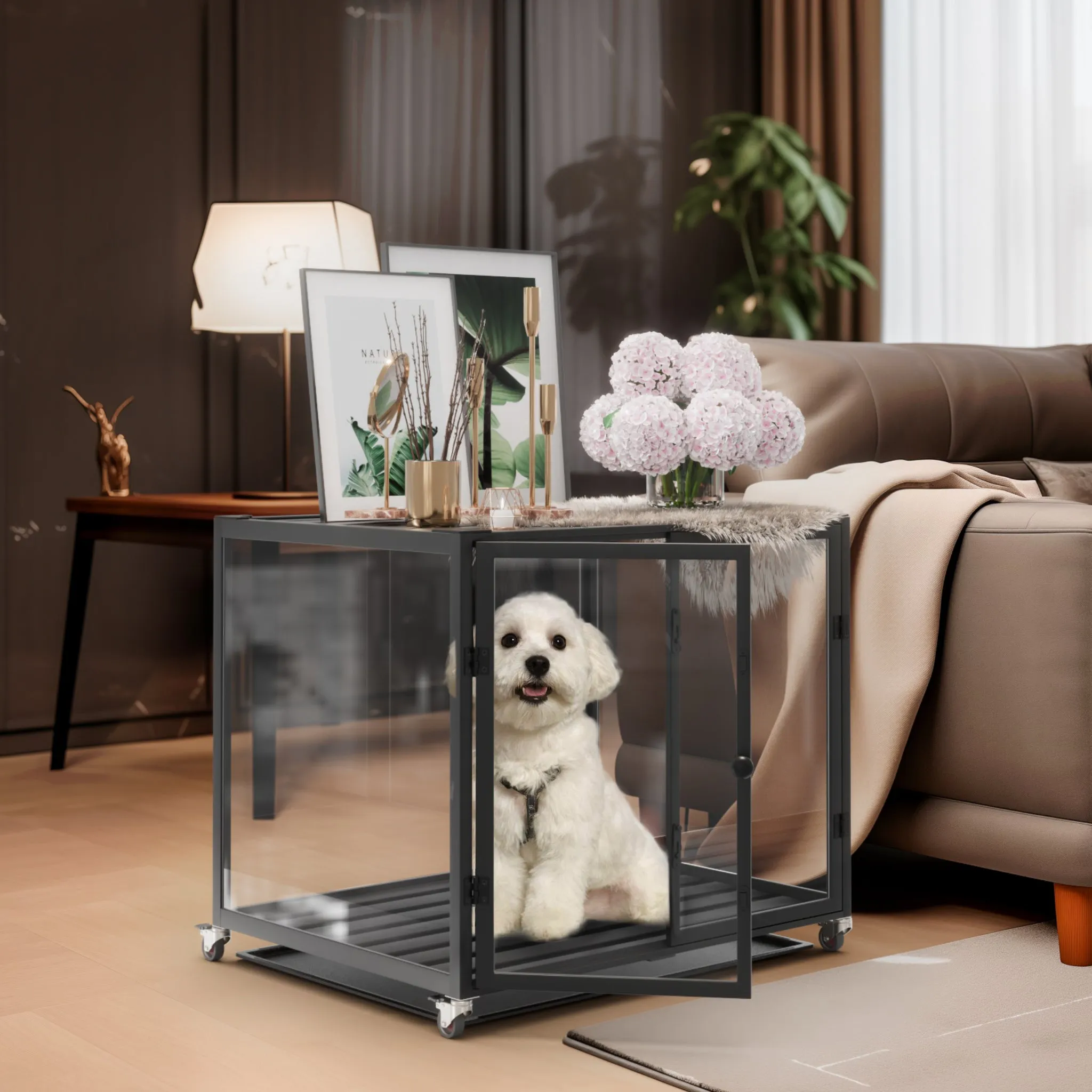 Self-Innovative Dog Cage: Bingopaw First Tempered Glass Dog Pet Cage Dog Kennel  Aluminum Frame with Dual Doors and Removable Tray, for Medium to Large Dogs