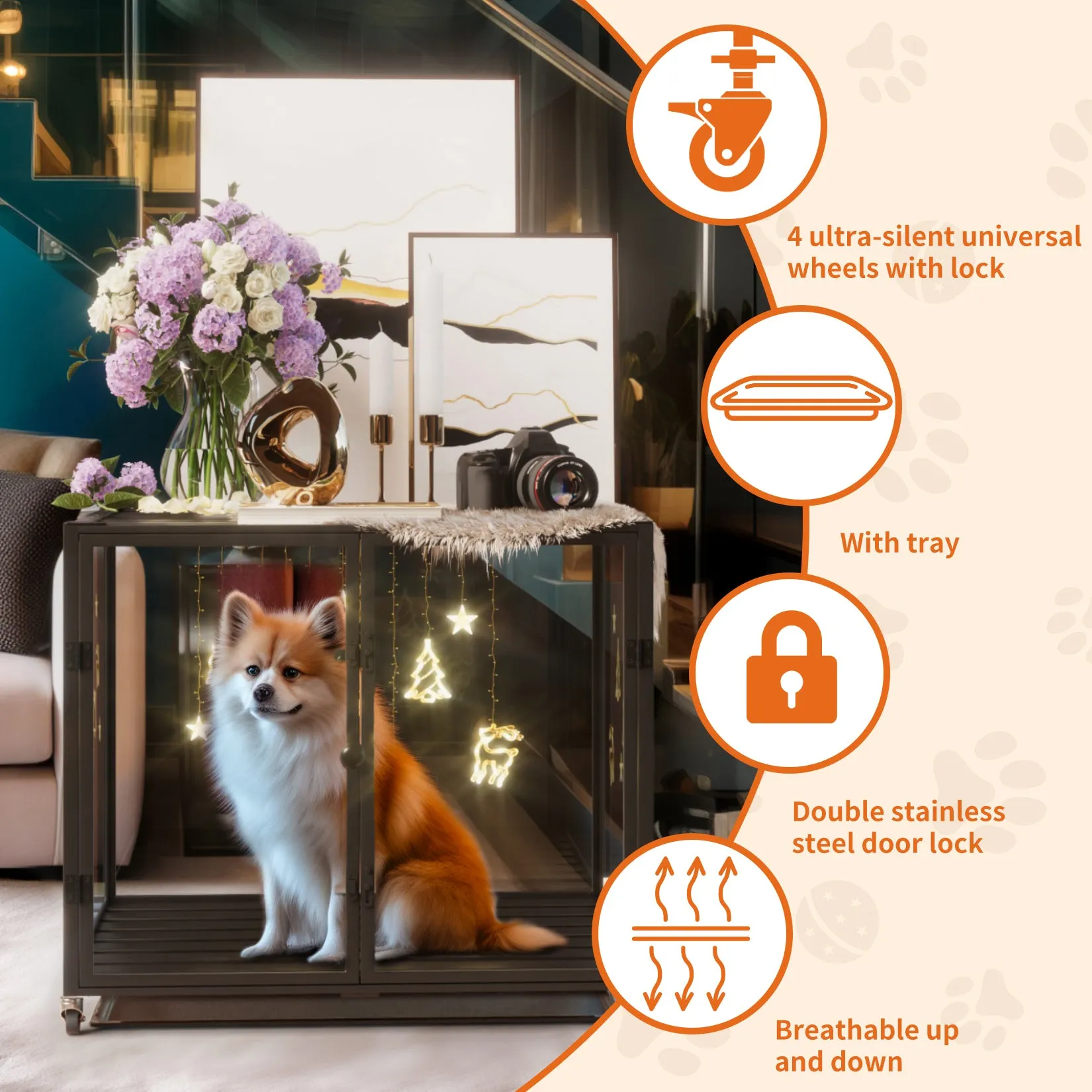 Self-Innovative Dog Cage: Bingopaw First Tempered Glass Dog Pet Cage Dog Kennel  Aluminum Frame with Dual Doors and Removable Tray, for Medium to Large Dogs