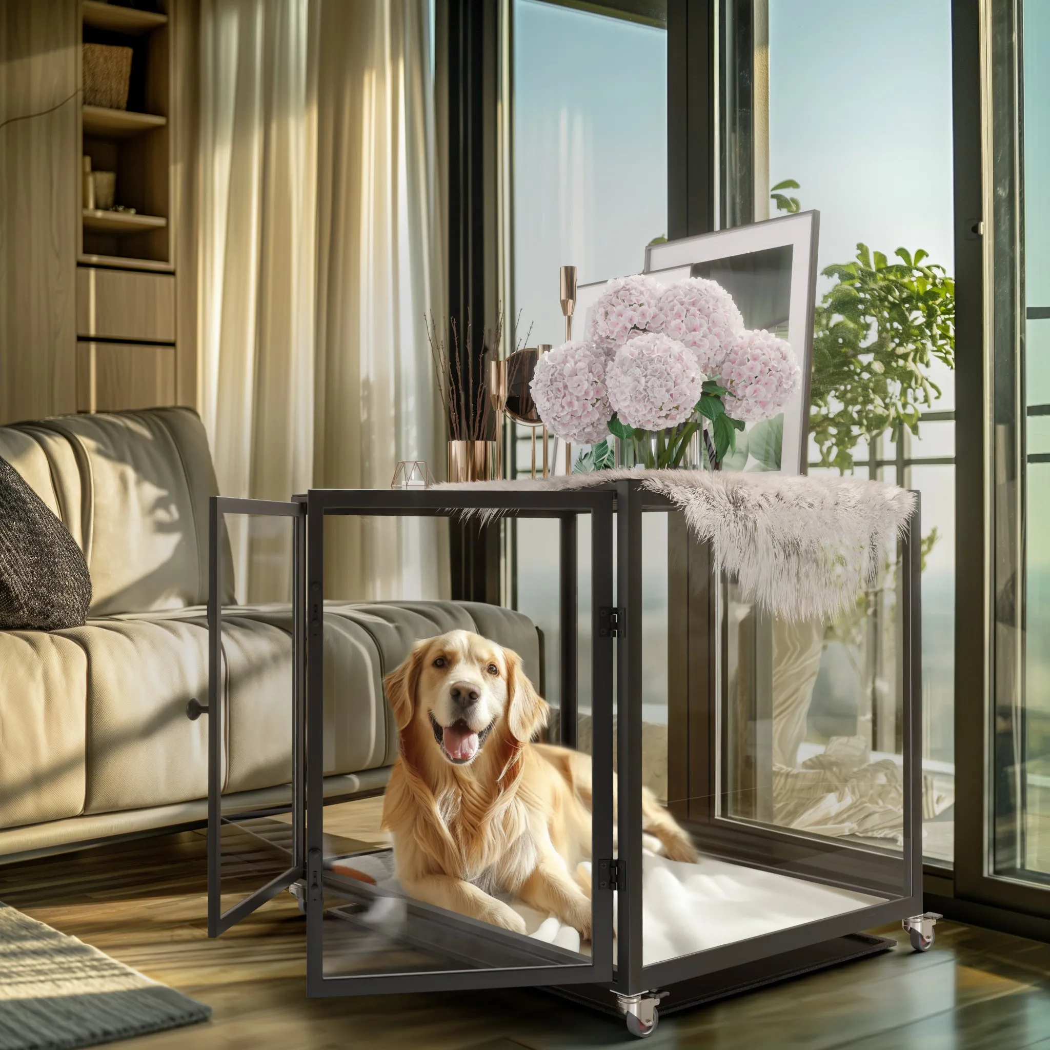 Self-Innovative Dog Cage: Bingopaw First Tempered Glass Dog Pet Cage Dog Kennel  Aluminum Frame with Dual Doors and Removable Tray, for Medium to Large Dogs