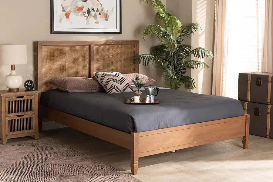 Sheffield Walnut Brown Finished Wood , Synthetic Rattan Platform Bed (King)